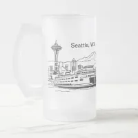 Washington State Seattle Ferry Line Art Frosted Glass Beer Mug