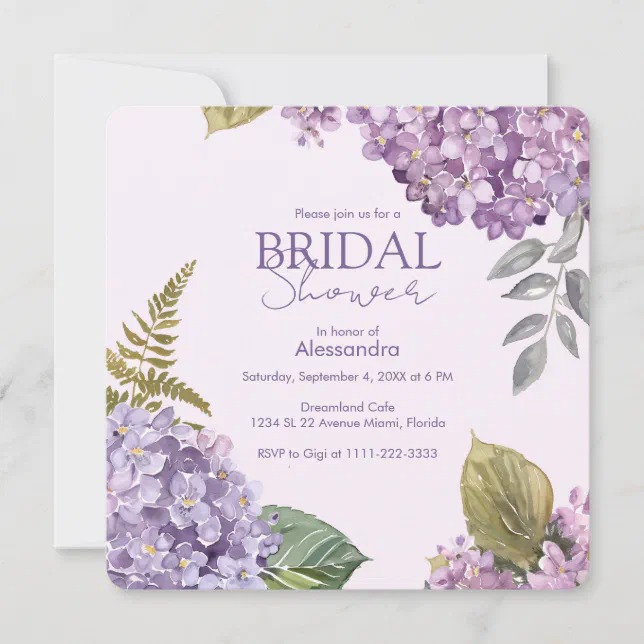 Watercolor Lavender Hydrangea Flower Bridal Shower Invitation