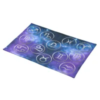 Twelve Grey Zodiac Symbols on blue galaxy | Cloth Placemat