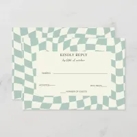 Retro Groovy Green Checkerboard Wedding  RSVP Card