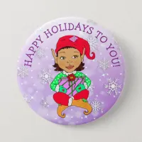 Happy Holidays to You Girl Elf and Snowflakes Button