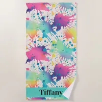 Pastel Rainbow Paint Splatter Beach Towel