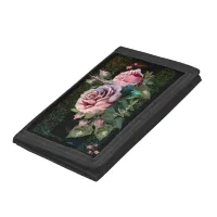 Pink Roses on black Trifold Wallet
