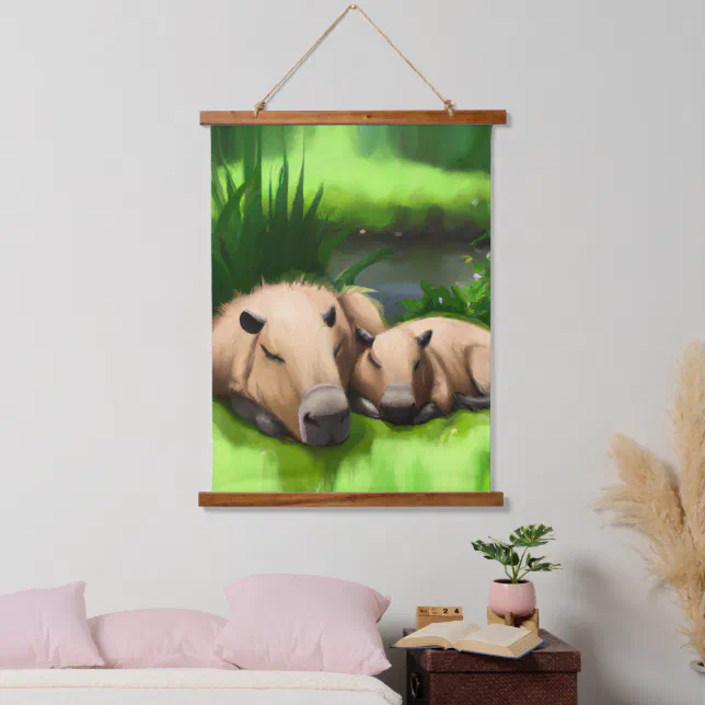 Cute Funny Napping Capybaras by the Pond Hanging Tapestry