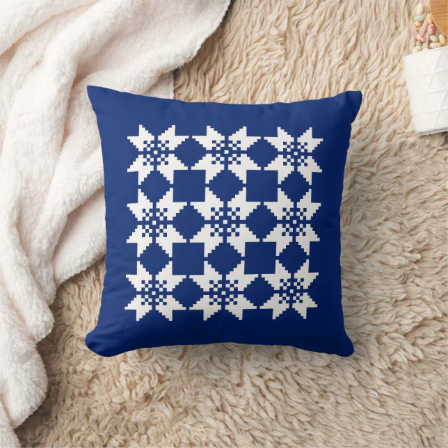 Christmas Nordic Knit Pattern White Snowflake Blue Throw Pillow