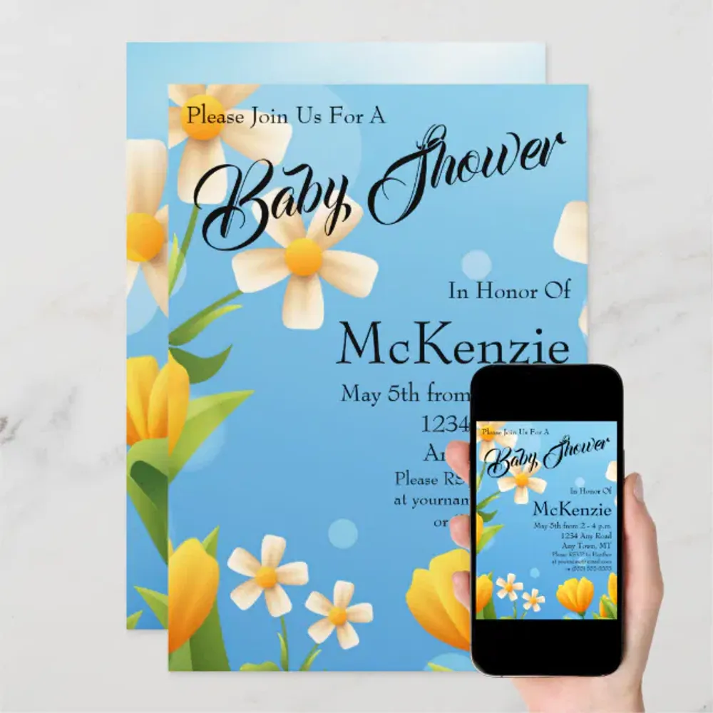 White and Yellow Flowers On Blue Baby Shower Invitation