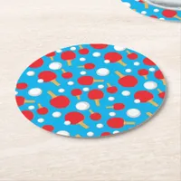 Table Tennis Bats and Balls Pattern on Blue Round Paper Coaster