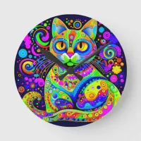 Fun Artsy Bright Colored Haight-Ashbury Style Cat  Round Clock