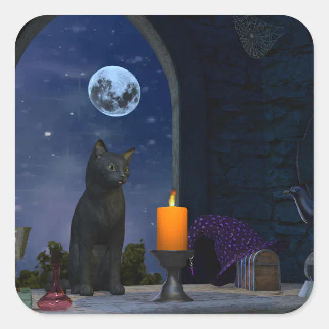 Cute Black Cat Staring at a Candle Square Sticker