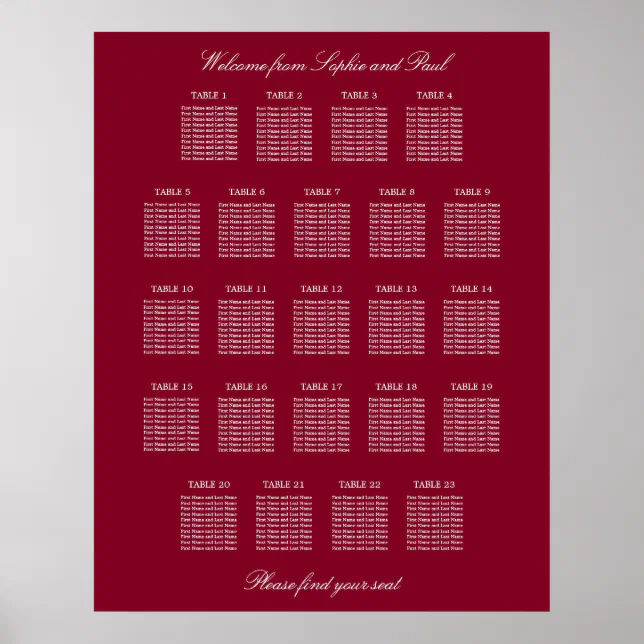 Burgundy 23 Table Wedding Seating Chart Poster