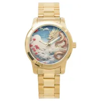 Fire breathing dragon red blue and gold scales watch