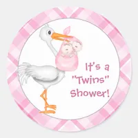 Stork & Twin Girls Baby Shower Classic Round Sticker