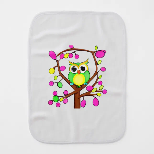Happy owl in a multicolored tree baby burp cloth
