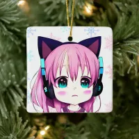 Anime Girl with Cat Ears Headband Christmas Ceramic Ornament