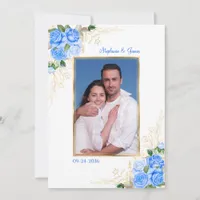 Blue Gold Watercolor Floral Photo Wedding Invitation