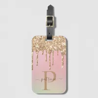 Glam Gold Glitter Drips Elegant Monogram Luggage Tag