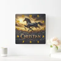 Majestic Black Horse Galloping at Sunrise Square Wall Clock