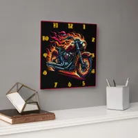 Motorcycle racing down a dark highway square wall clock