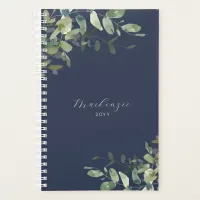 Elegant Minimalist Navy Blue Eucalyptus Greenery Planner