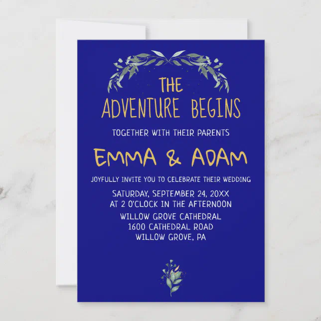 Simple Eucalyptus Greenery Navy Blue and Gold Invitation