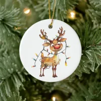 Quirky Whimsical Reindeer with Tree Lights Ceramic Ornament