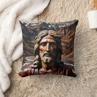 Wooden Statue of Jesus in Mountain Landscape Throw Pillow