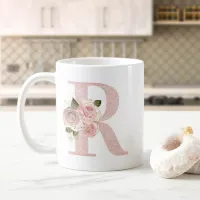 Girly Pale Rose Gold Glitter Floral R Monogram Coffee Mug