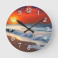 Ocean Waves and Sunset on Sandy Shower Round Clock