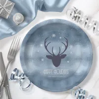 Deer Antlers Silhouette & Snowflakes Blue ID861 Paper Plates