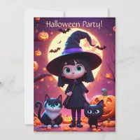 Cute little witch with cats and pumpkins, custom  invitation