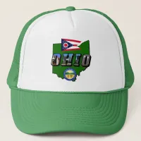 Ohio State Map, Picture Text, Flag and Seal Trucker Hat