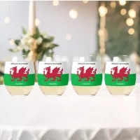 Happy St. David's Day Red Dragon Welsh Flag Stemless Wine Glass