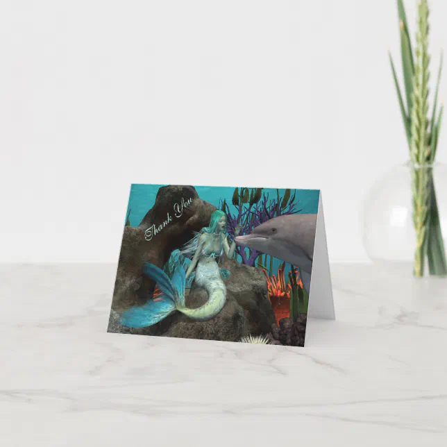 Mermaid and Dolphin Under the Sea Thank You Card