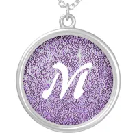 Monogram Brussels Lace Purple Pattern Vintage Silver Plated Necklace