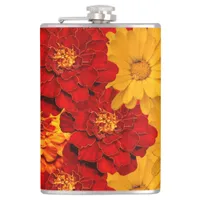 A Medley of Red Yellow and Orange Marigolds Hip Flask