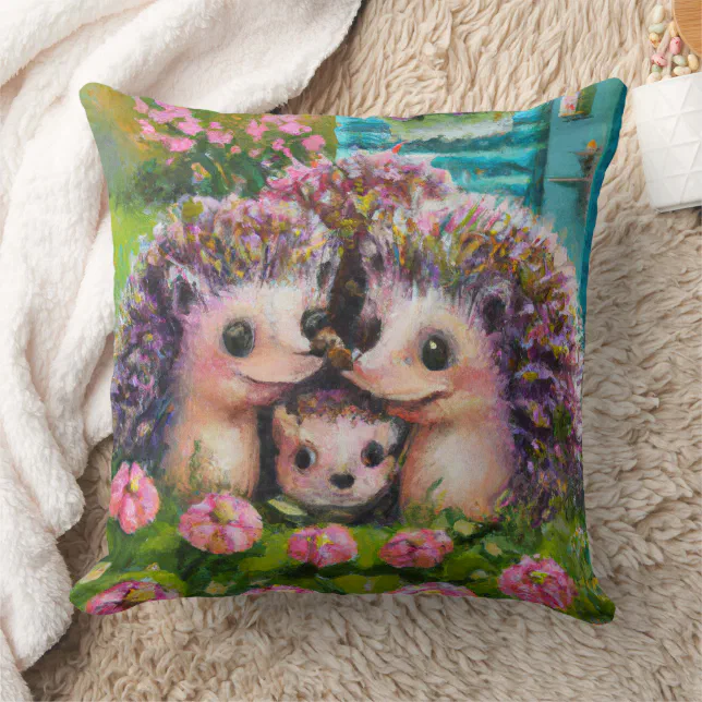 Cute Hedgehog Family in English Country Garden Throw Pillow