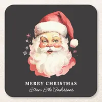 Retro Santa Black Personalized Name Christmas Square Paper Coaster