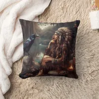 Native American Woman Sitting With Raven by Water Throw Pillow