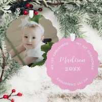 First Christmas Name And Baby Photo Pastel Pink  Ornament Card