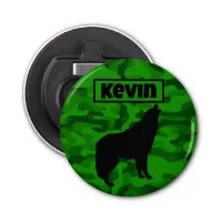 Modern Green Camo Black Wolf Silhouette Monogram | Bottle Opener