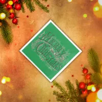 Merry Christmas - Vintage Style Black on Green | Paper Dinner Napkins