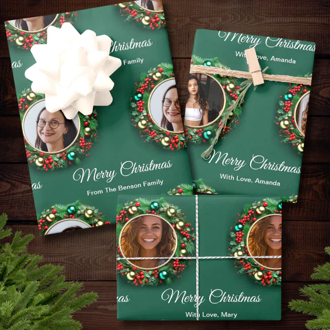 Christmas Wreath Green Family Photo Personalized  Wrapping Paper Sheets