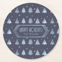 Christmas Trees and Snowflake Pattern Blue ID863 Round Paper Coaster