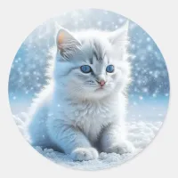 Little White Kitten in Snow Christmas Classic Round Sticker