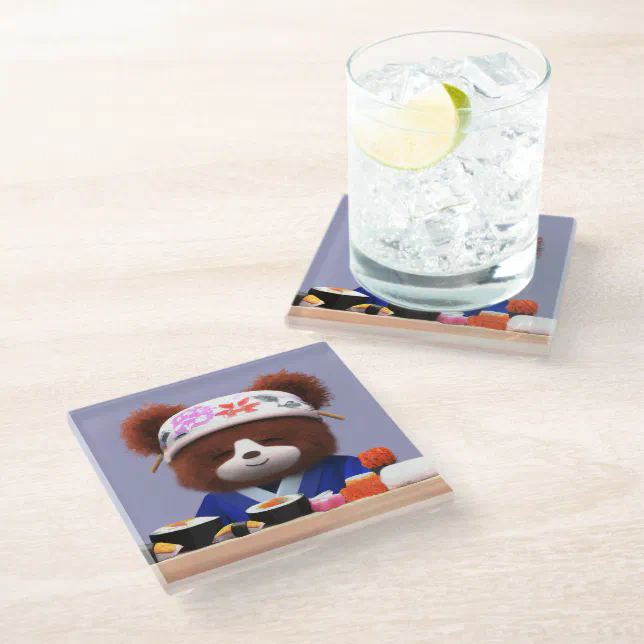 Cute Teddy Bear Sushi Chef Glass Coaster