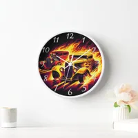 Classic hot rods racing through fiery trails clock