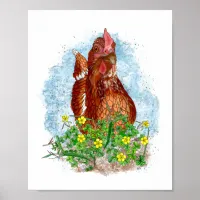 Hand drawn Chicken Art | Cute Chicken in Flowers  Poster