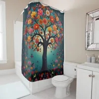 Tree in Bloom, coloured Flowers & butterflies Shower Curtain