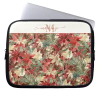 Elegant Holiday Poinsettia Floral Monogram Laptop Sleeve