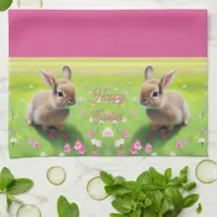 Cute baby rabbit in a flower meadow, easter    kitchen towel